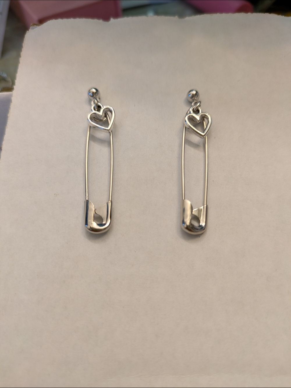 Silver Heart Safety Pin Drop Earrings Metal Alt Culture Punk Rock Grunge Studs